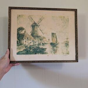 Vintage Windmill Art Print with Brown Frame